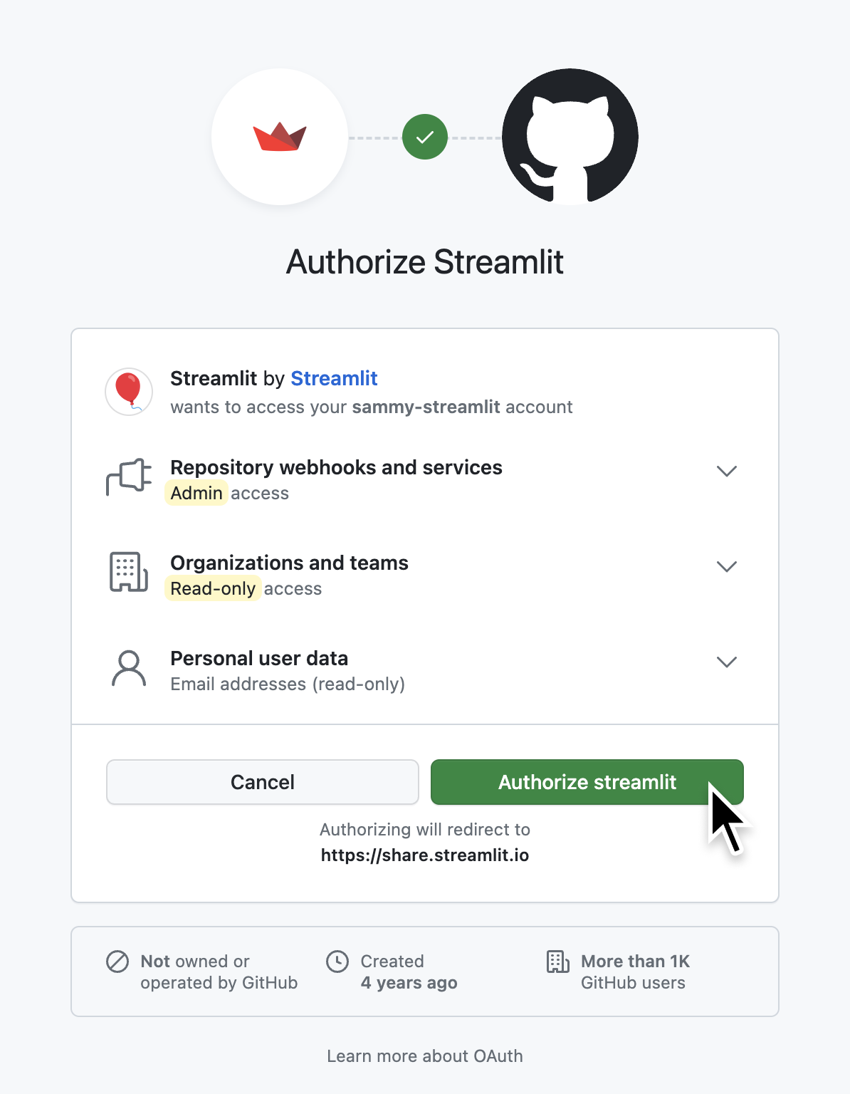 Authorize streamlit to connect to your GitHub account