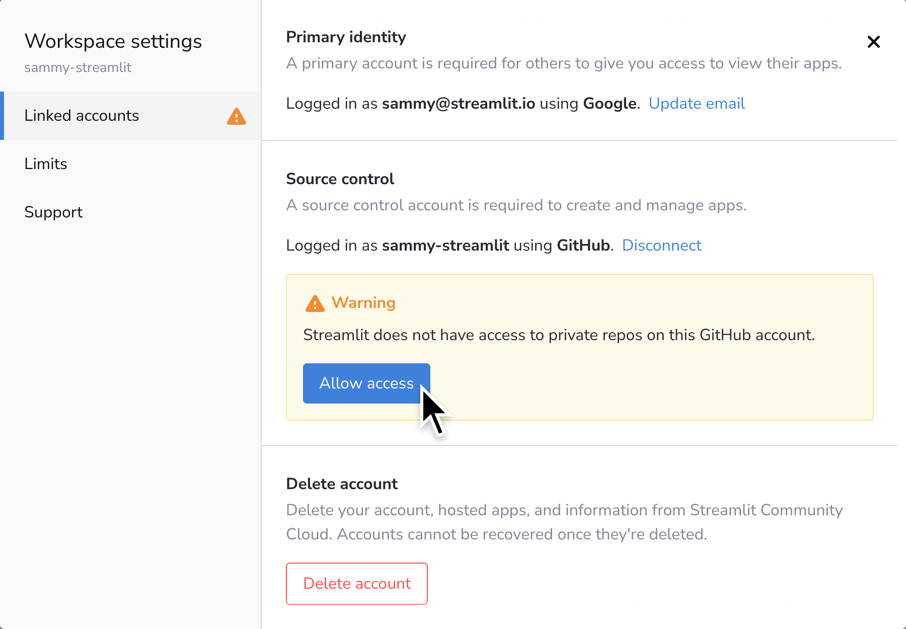Click 'Allow access' to trigger the second GitHub authorization