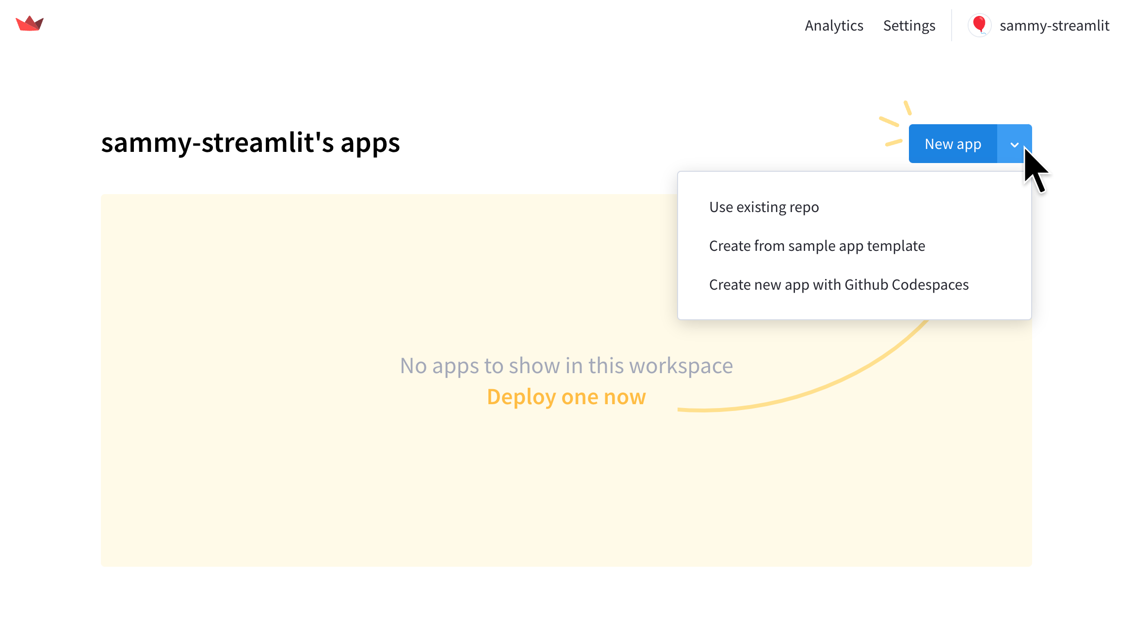 Options to deploy a new app from your workspace in Streamlit Community Cloud